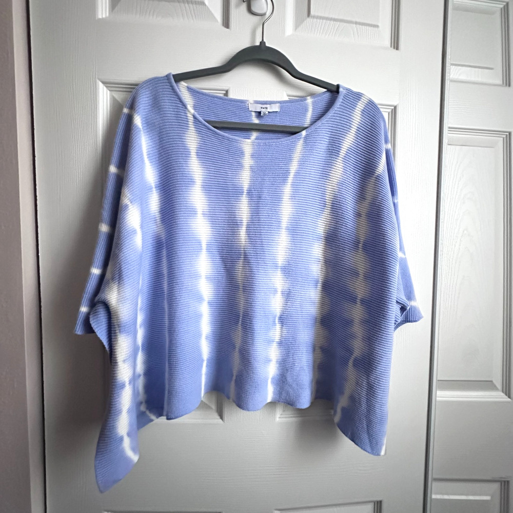 FATE Women's MED Blue White Tie Die Ribbed Knit Boxy Sweater Beachy Coastal Boho
